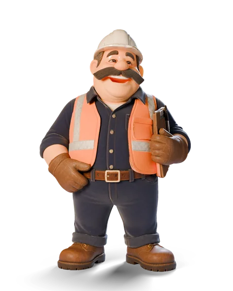 Hank, a cartoon foreman in a white hard hat and orange vest, laughing with his clipboard under his arm